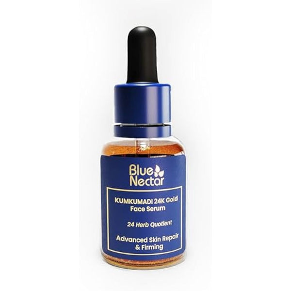 Blue Nectar 24k Gold Serum for Glowing Skin | Natural Kumkumadi Oil Serum for Face Infused with 24K Gold | Ayurvedic Face Serum for Skin Brightening and Skin Firming (24 Herbs, 10ml)