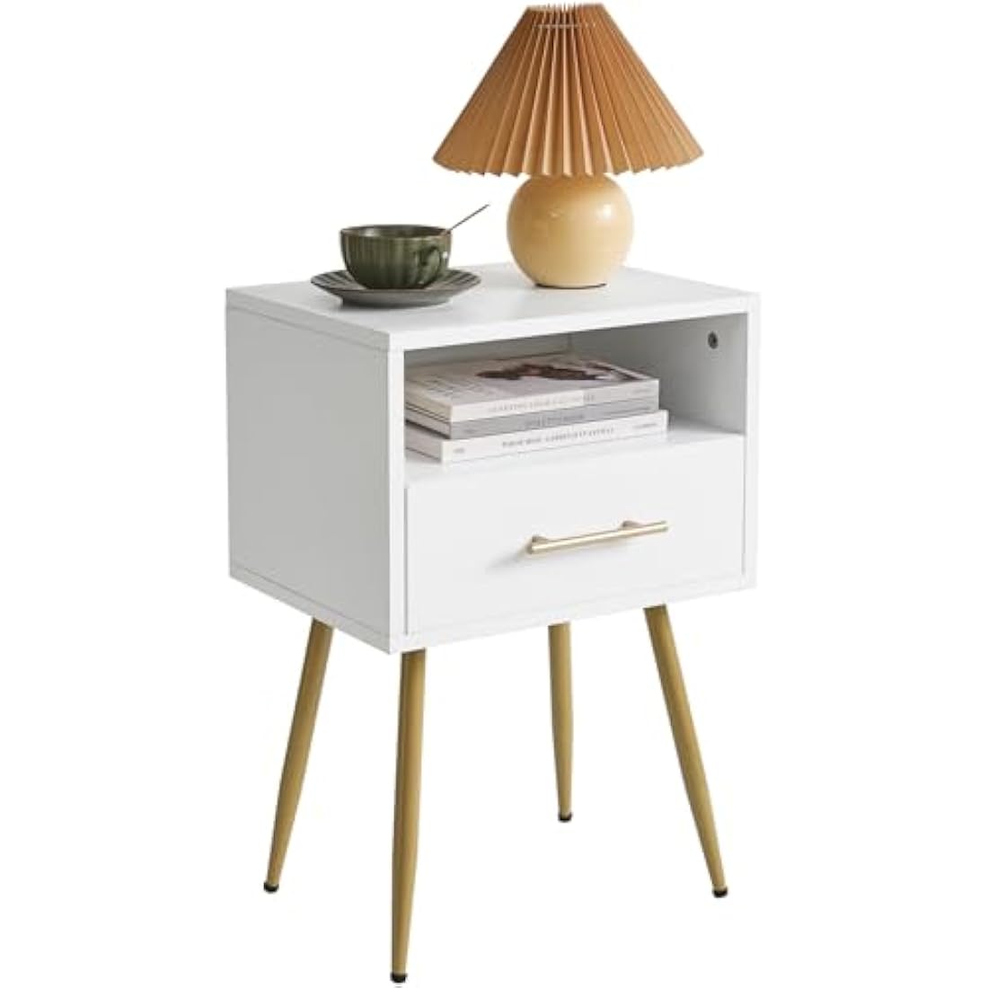 IBUYKE Nightstand, Mid-Century Modern Bedside Table with Legs, Minimalist and Practical End Side Table with 2 Tiers Storage Space, for Bedroom, Living Room, White WNS004W