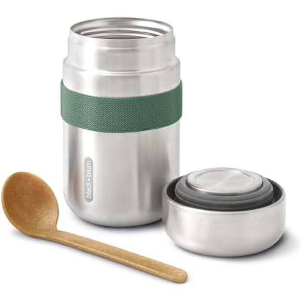 BLACK + BLUM - Food Flask - Vacuum Insulated 304 Stainless Steel Food Container with Leak Proof Lid, Nylon Strap and Natural Wood Fibre Spoon - Keeps Hot for 6 hrs, Cold for 8 hrs, Olive - 400ml