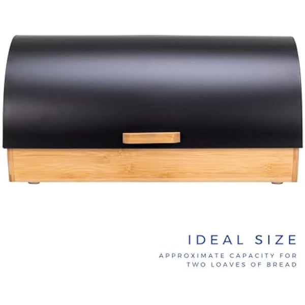 Erreke Black Bread Bin, Roll Top Bread Bins for Kitchen, Increase Freshness Time and Preserve Aroma of Fresh Pastries, Large Front Opening, Box Made Durable Steel and Bamboo, Matte Black