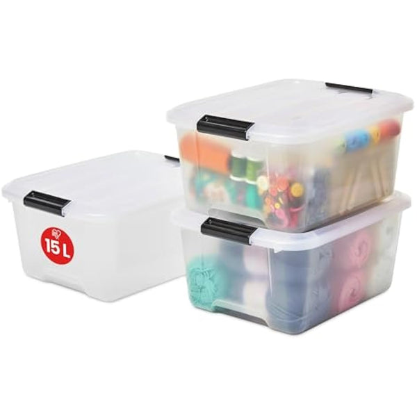 Iris Ohyama Plastic Storage Boxes with Lids, 15L, Set of 3, Clear, Latching Buckles with Handles, Stackable, Nesting, Strong & Durable, For Closet, Garage, Home, Office, Organising Tote Bins, TB-15