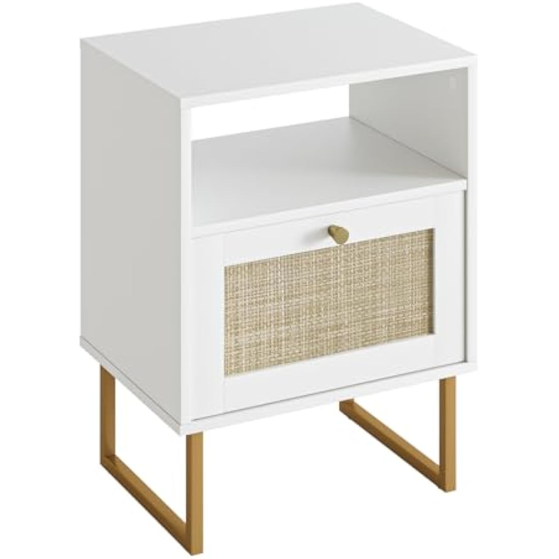 HEYZOEY Rattan Bedside Table,Modern Boho Farmhouse Wood Nightstand with Storage Drawer and Open Shelf,Small Gold Frame Side Table for Bedroom,Living Room,Office(White)
