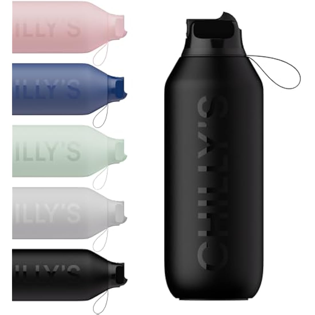 Chilly's Series 2 Flip Water Bottle with Sports Lid, Telescopic Straw and Nylon Carry Loop - Easy Flip Lid, Straw Cleaning Brush Included