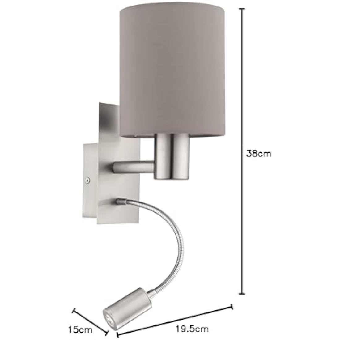 EGLO Pasteri 2-Bulb LED Fabric Wall Lamp, Steel and Fabric Bedside Light Coloured in Nickel Matt and Taupe, E27 Socket, incl. Switch and Flexible Reading Light