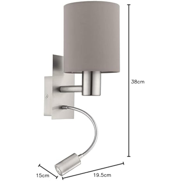 EGLO Pasteri 2-Bulb LED Fabric Wall Lamp, Steel and Fabric Bedside Light Coloured in Nickel Matt and Taupe, E27 Socket, incl. Switch and Flexible Reading Light