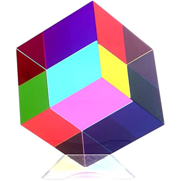 iKeelo Colour Cube (50mm) with Stand -Cyan, Magenta & Yellow Cube - Illustrates Subtractive Colour Model - Novelty Educational STEM Toy for Birthdays and Christmas