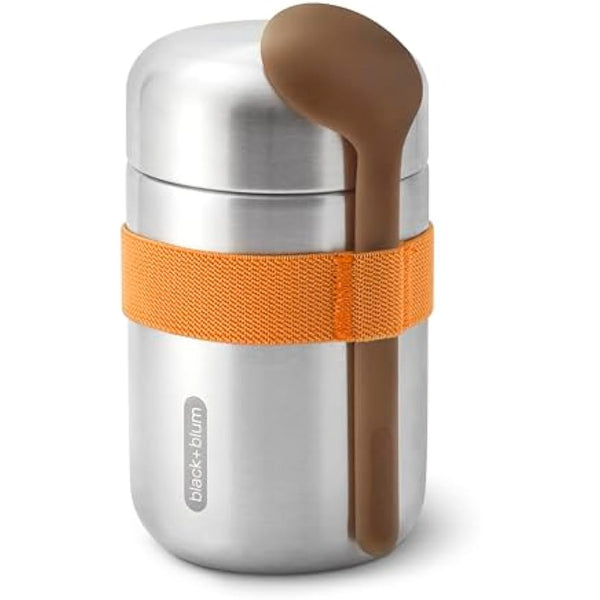 BLACK + BLUM - Food Flask - Vacuum Insulated 304 Stainless Steel Food Container with Leak Proof Lid, Nylon Strap and Natural Wood Fibre Spoon - Keeps Hot for 6 hrs, Cold for 8 hrs, Orange - 400ml