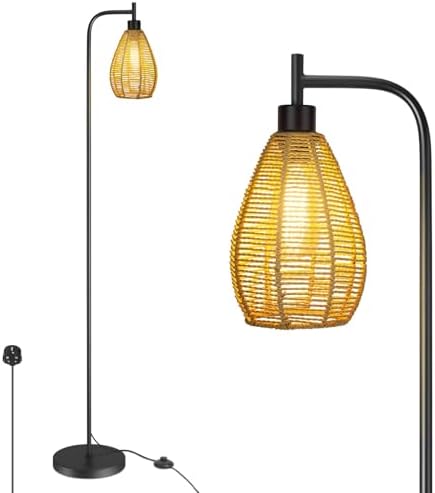 ArcoMead Farmhouse Floor Lamp, Tall Standing Whole Metal Light with Hand-Woven Paper Rope Teardrop Cage Head & Foot Switch, Boho Standing Lamps, Black Reading Lights for Bedroom, Living Room, Decor