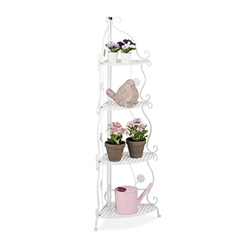Relaxdays Metal Plant Stand, 4 Tiers, Decorative Rack, Indoor & Outdoor, HxWxD: 113.5 x 31 x 31 cm, Corner Shelf, White, Iron