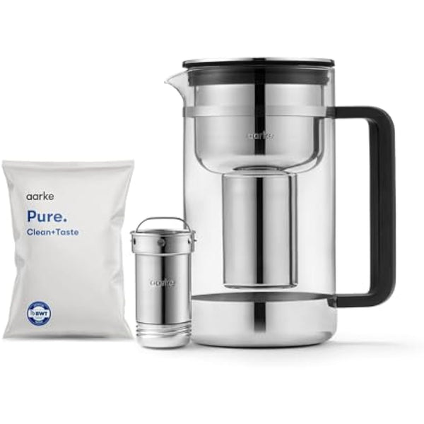Aarke Purifier Large, Water Filter Jug in Glass and Stainless Steel, 2.8L / 12 Cups, Includes Aarke Pure Filter Refill Bag