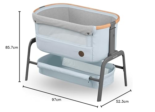Maxi-Cosi Iora Co-Sleeper Crib, Foldable Baby Bedside Crib, 0–6 Months, max 9 kg, 4 Incline & 5 Height Positions, Easy Slide, Comfortable Mattress, Large Basket, Easy to Carry, Essential Grey
