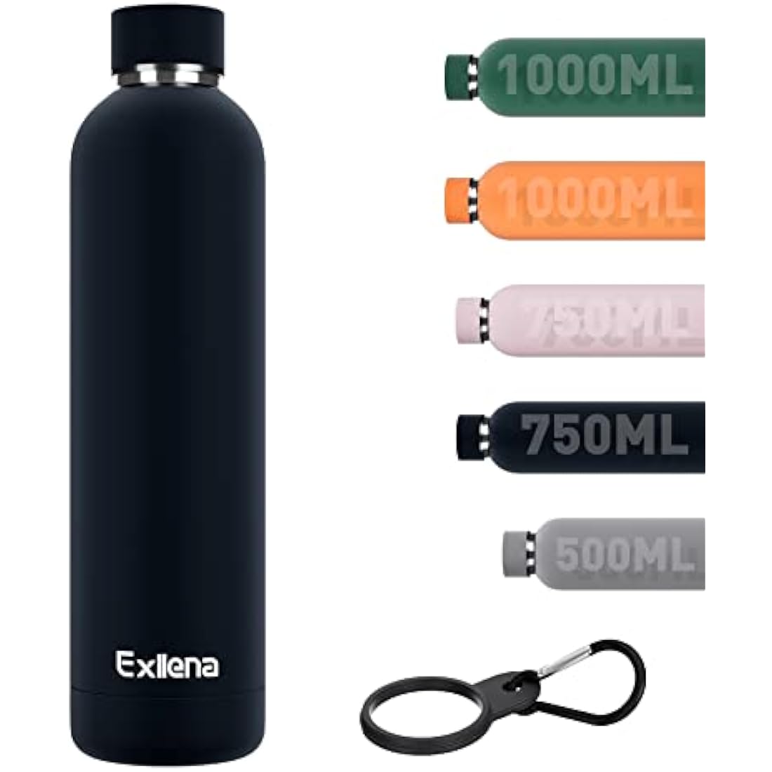 Exllena Insulated Black Water Bottles 1l with Clip, Double Wall Vacuum Drinks Bottle Keeps Drinks Cold 24 Hrs/Hot 12 Hrs, Stainless Steel Water Bottle BPA Free