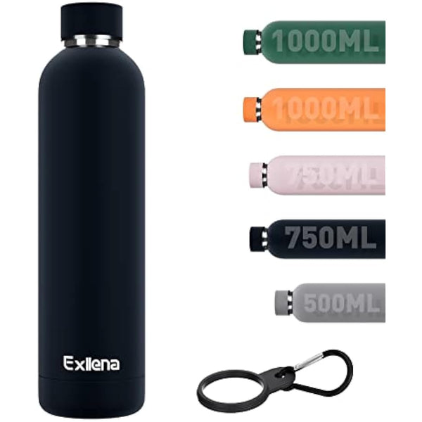 Exllena Insulated Black Water Bottles 1l with Clip, Double Wall Vacuum Drinks Bottle Keeps Drinks Cold 24 Hrs/Hot 12 Hrs, Stainless Steel Water Bottle BPA Free