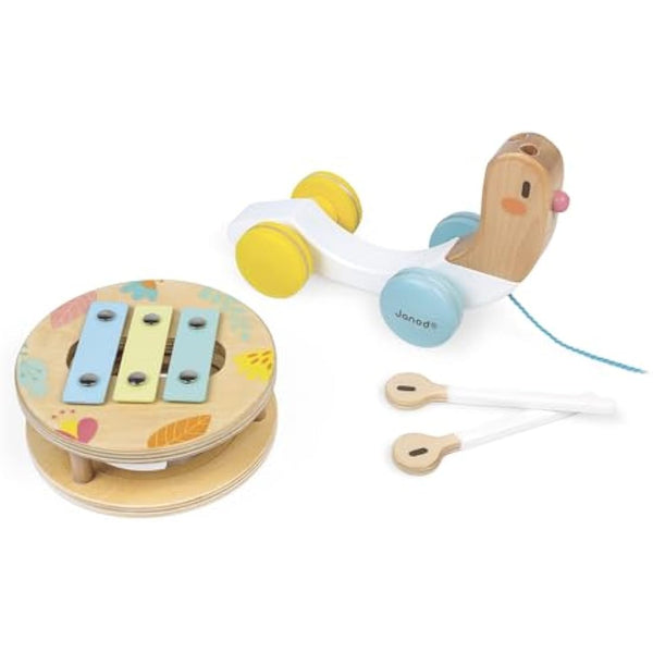 Janod - Wooden Pure Pull-Along Snail - Wooden Toy with Xylophone and Tambourine - Water Based Paint - Educational Musical Early Learning Toy - from 1 Year Old, J05159