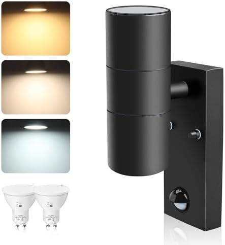 ALUSSO LIGHTING Up Down LED Wall Light PIR Motion Sensor 8W 750LM Stainless Steel Lamp, with GU10 Bulbs 3000K 4000K 6000K Adjustable, Outdoor Security Light IP65 Waterproof for Hallway Porch, Black