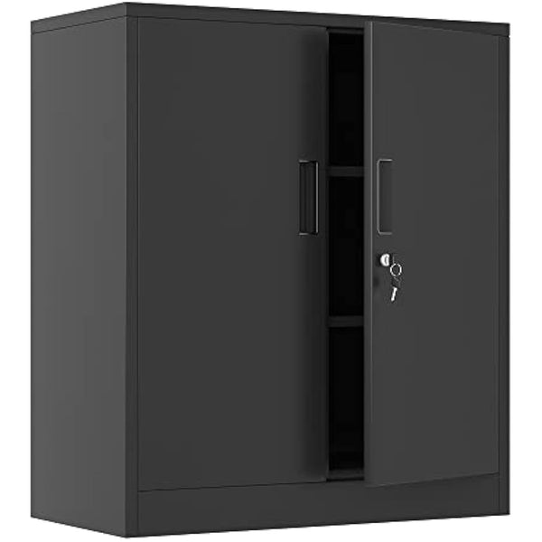 iJINGUR Metal Storage Cabinet with Locking Doors and 2 Adjustable Shelves, Small Lockable Storage Cupboard for Home Office Garage (Black)
