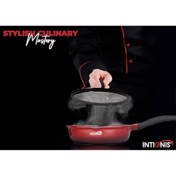 INTIGNIS Deep Non-Stick Frying Pan with Lid – 3-in-1 Sauté Pan, Skillet & Mini Wok – GREBLON Ceramic Coating | Induction Hob Safe | Stainless Steel Base |PTFE & PFOA Free (Red, 28 cm)