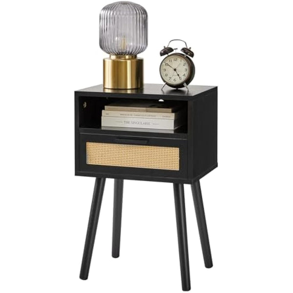 IBUYKE Rattan Nightstand, Boho Side Table with Drawer Open Shelf, Wood Accent Bedside Table, End Table with Legs for Bedroom, Living Room and Small Spaces, Black WNS009B