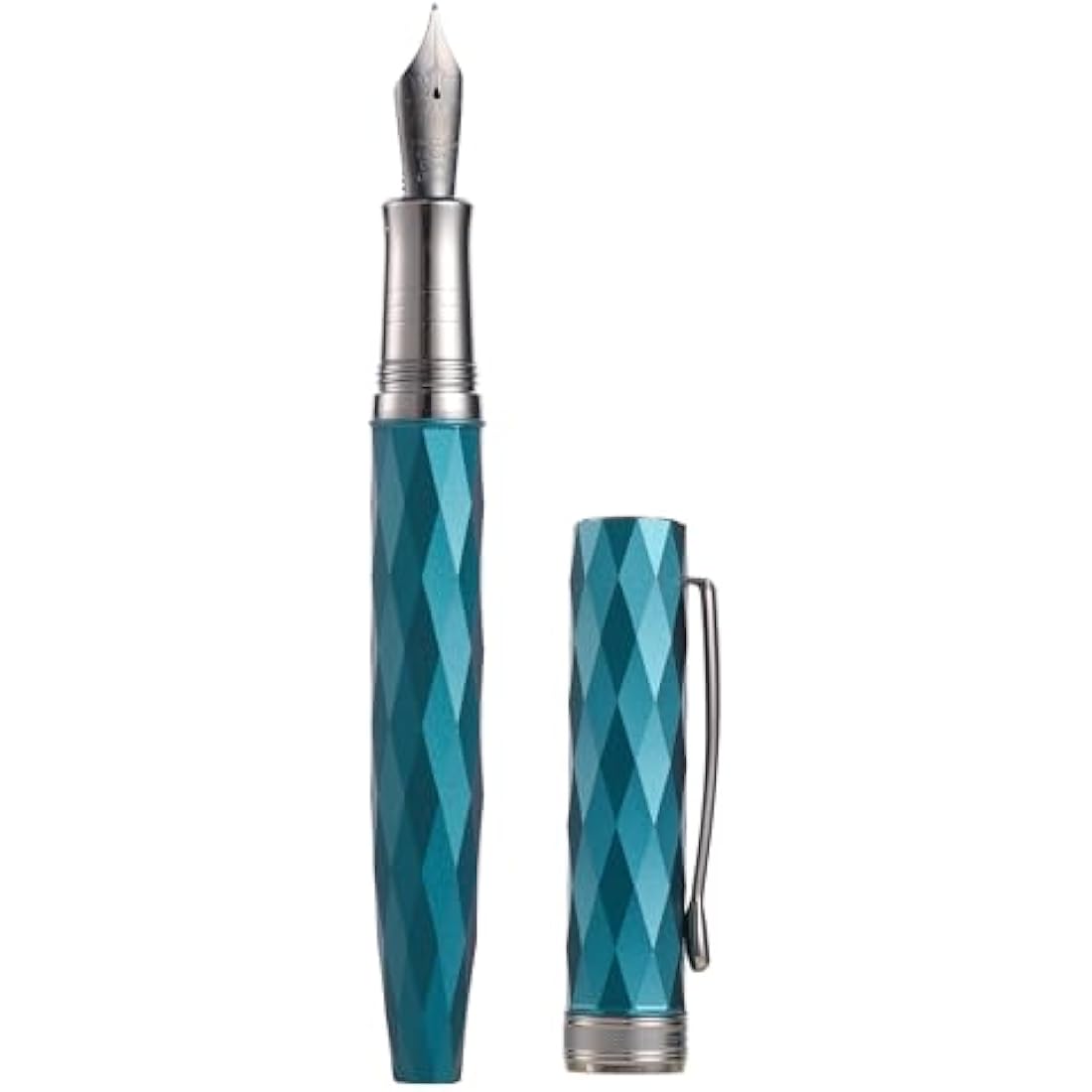 HONG DIAN N11 Fountain Pen, Titanium-Coated Black Fine Soft Nib, Peacock Blue & Lozenge Geometric Design with Metal Case Set