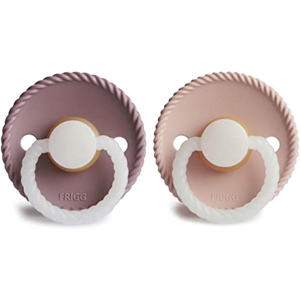 FRIGG Rope Night Latex Pacifier Pack of 2 | Natural Rubber Soother Dummy | Glow | BPA-Free | Made in Denmark | Symmetrical Cherry Shaped Nipple (Twilight Mauve Night/Blush Night, Size 1 (0-6 Months))