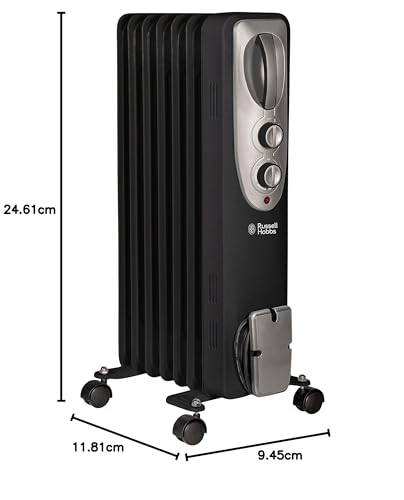 Russell Hobbs 1500W/1.5KW Oil Filled Radiator, 7 Fin Portable Electric Heater - White, Adjustable Thermostat with 3 Heat Settings, Safety Cut-off, 15 m sq Room Size, RHOFR5001, 2 Year Guarantee