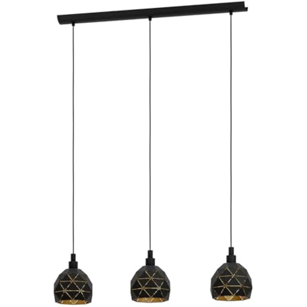 Eglo Roccaforte 3-flame Pendant Lamp, Steel, Black and Gold Hanging Light, E27 Socket
