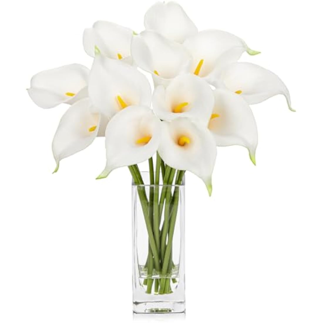 Hollyone 12 pcs Artificial Calla Lilies with Glass Vase Realistic Fake Flowers, Real Touch White Faux Flowers in Vase for Home, Living Room, Wedding, Centerpiece, Office, Party Decorations