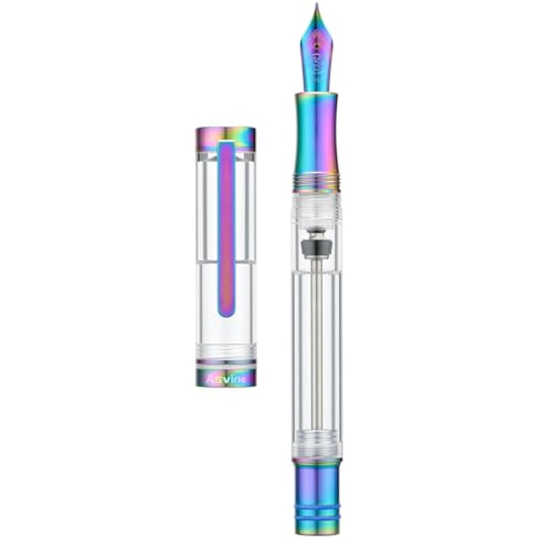 Asvine V200 Titanium Fountain Pen Vacuum Filling, Rainbow Iridium Extra Fine Nib Clear Demonstrator Acrylic with Pen Case and Wrench