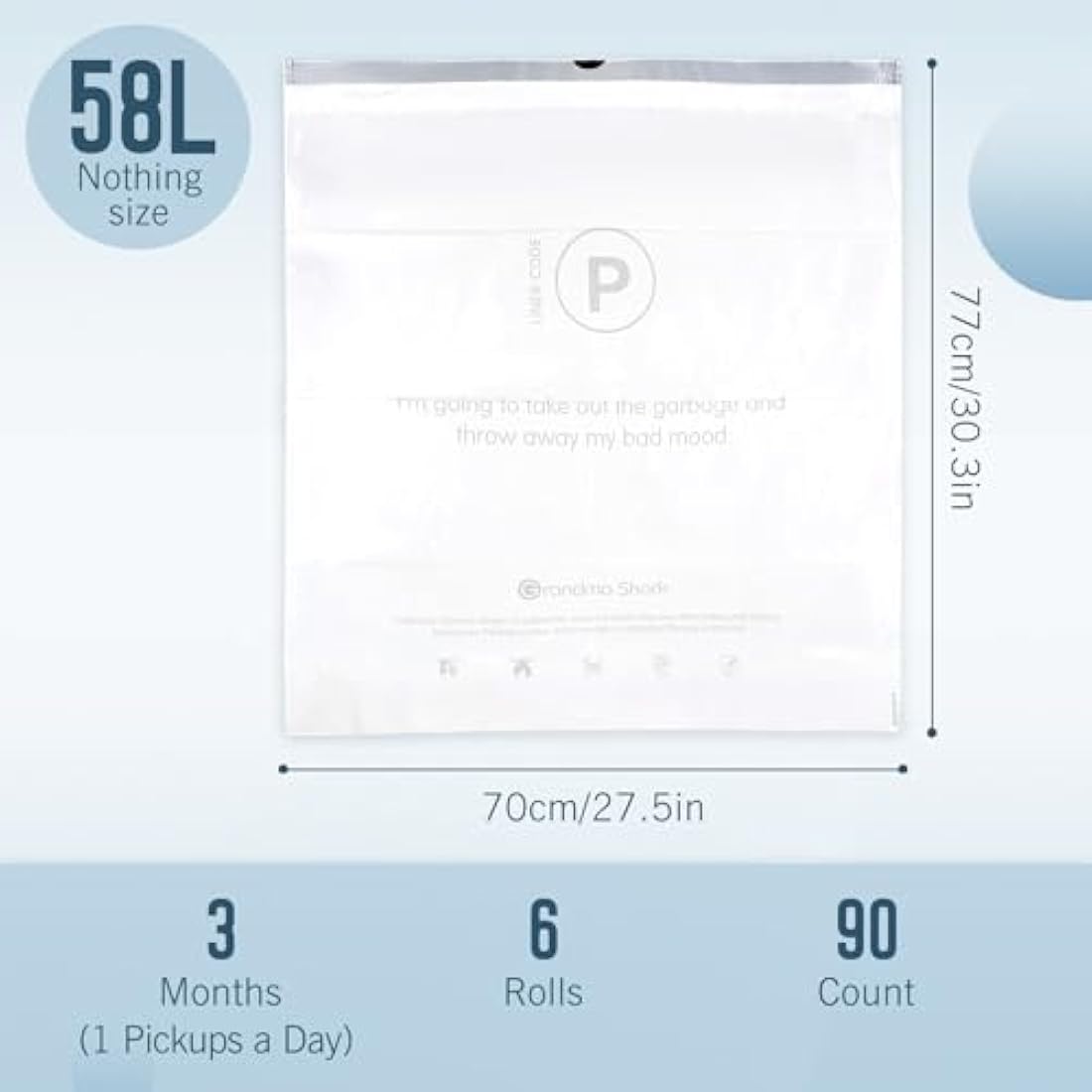 GRANDMA SHARK 50-58L UP TO 65L Bin Bags Liners Drawstring Trash Bag, Handle Waste Bags, 90 Garbage Bag, Super Strong, Anti-Drip Unscented, 70 × 77 cm