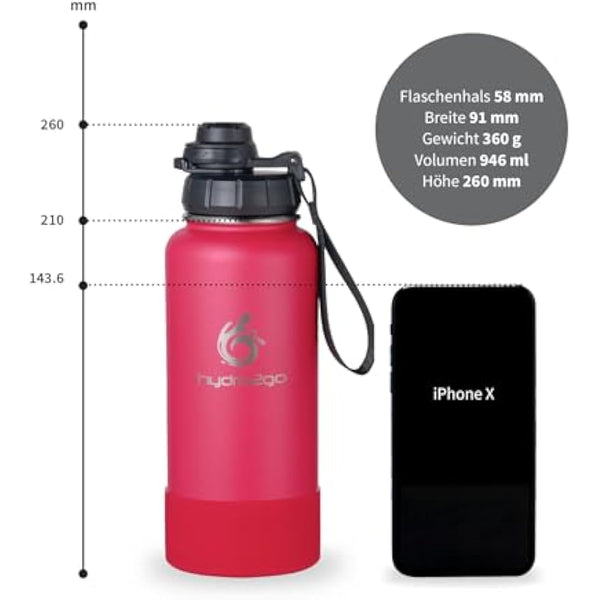 hydro2go Stainless Steel Water Bottle with Sports Lid – BPA-Free, Leak-Proof, Insulated Bottle for Sports & Outdoors, Keeps Drinks Cold 24h / Hot 12h (Magenta, 950 ml)