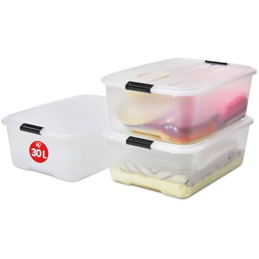 Iris Ohyama Plastic Storage Boxes with Lids, 30L, Set of 3, Clear, Latching Buckles with Handles, Stackable, Nesting, Strong & Durable, For Closet, Garage, Home, Office, Organising Tote Bins, TB-30