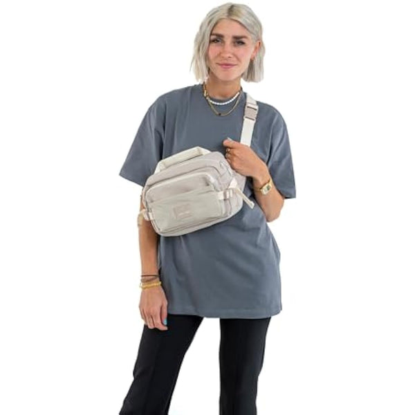Johnny Urban Bum Bag Beige - Travis - Large Waist Bag for Travel Hiking Outdoor - Breathable Airmesh & Adjustable Strap - Many Pockets with Zippers - Accessory Add On for Backpack
