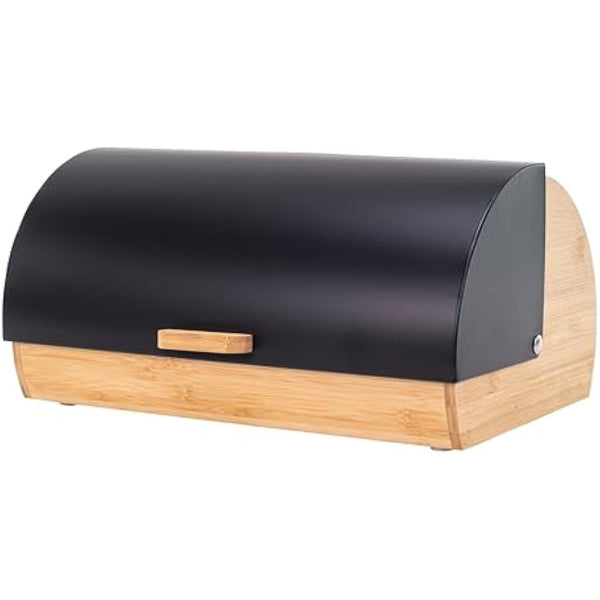 Erreke Black Bread Bin, Roll Top Bread Bins for Kitchen, Increase Freshness Time and Preserve Aroma of Fresh Pastries, Large Front Opening, Box Made Durable Steel and Bamboo, Matte Black