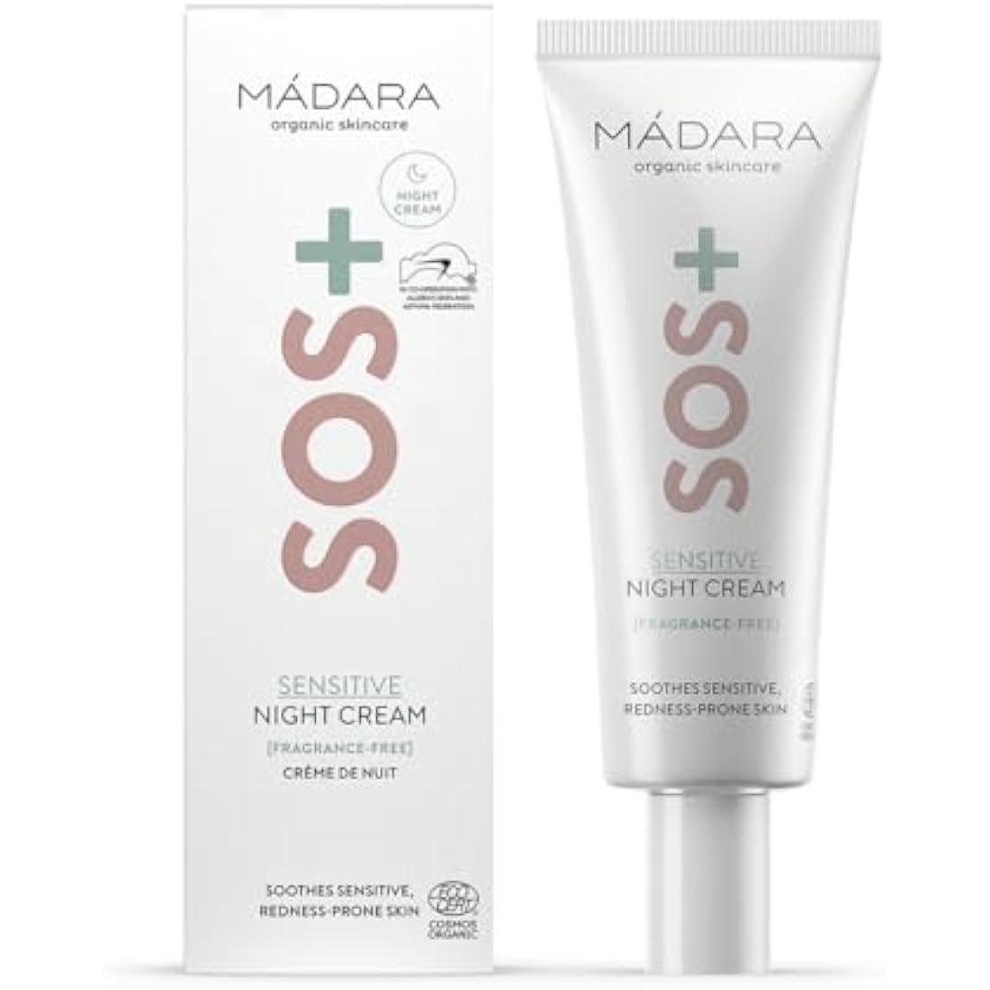 MÁDARA Organic Skincare | SOS+ SENSITIVE Night Cream, 70ml – Calming Moisture For Sensitive, Redness-prone Complexions, Dermatologically Proven to Soothe Redness, Fragrance And Colourant-free