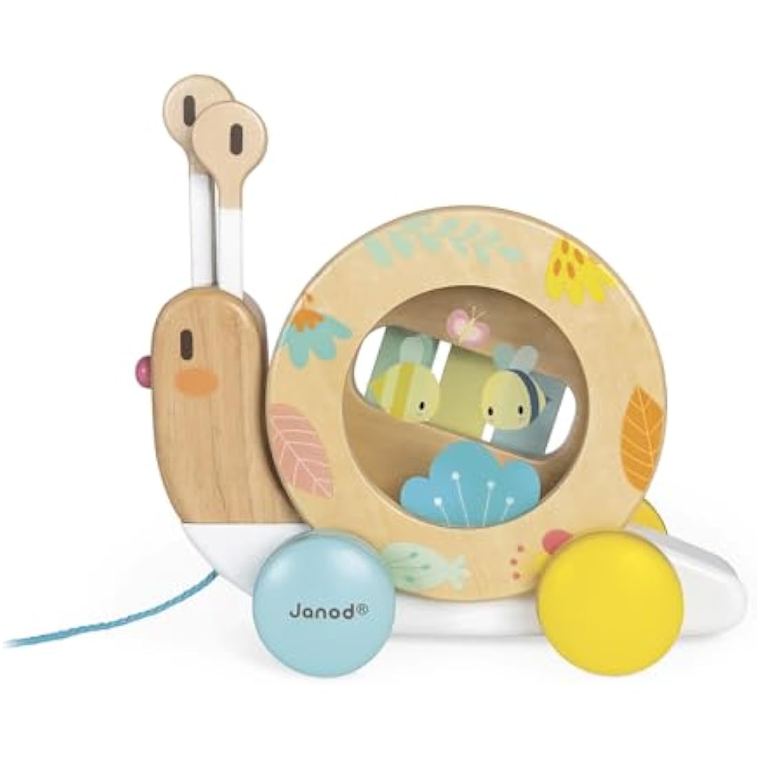 Janod - Wooden Pure Pull-Along Snail - Wooden Toy with Xylophone and Tambourine - Water Based Paint - Educational Musical Early Learning Toy - from 1 Year Old, J05159