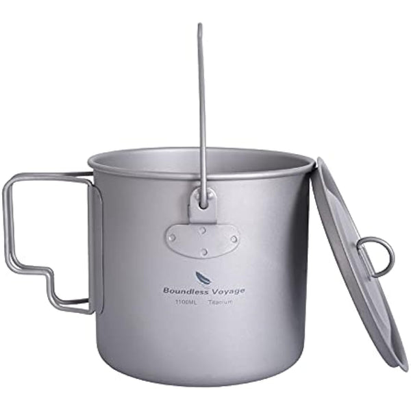 iBasingo 1100ml Titanium Mug Camping Cup Tea Coffee Water Pot with Lid Ultralight Outdoor Travel Tableware with Foldable Handle Picnic Backpacking Trekking Portable Drinkware Survival Gear Ti3041D