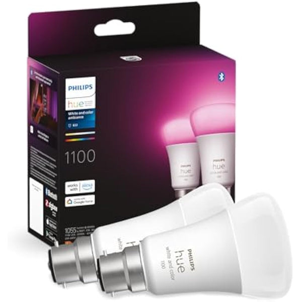 Philips Hue White & Colour Ambiance Smart Bulb Twin Pack LED [B22 Bayonet Cap] - 1100 Lumens (75W Equivalent). Works with Alexa, Google Assistant and Apple Homekit, 2 Count (Pack of 1)