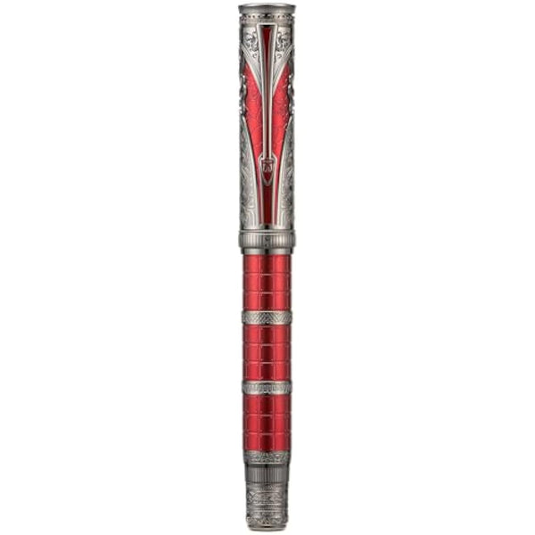 Hongdian D5X Fountain Pen Fine Nib Red Color, Qin Dynasty Retro Chinese Totem Engraving Smooth Writing Pen with Converter and Pen Box Set