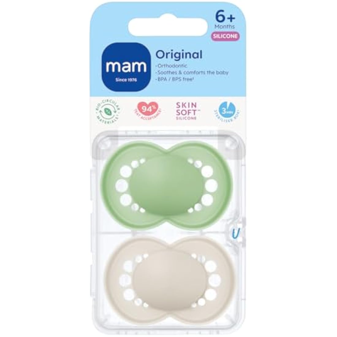 MAM Original Soothers | 6 Plus Months | 2 Pack | Comes in Dummy Steriliser Case | Orthodontic Design | Baby Accessories | Cream (Various Designs)