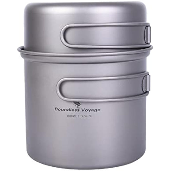 iBasingo Titanium Camping Pots Pans Set Lightweight Outdoor Backpacking Cookware with Folding Handle Compact Cooking Mess Kit Portable Travel Cookset, Rust-proof, Non-toxic