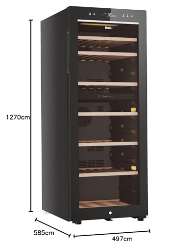 Haier Wine Bank 50 Series 5 Freestanding Wine Cooler, 49 Bottles, Single Zone Temperature, Anti-UV Glass Door, Low Vibration Design, LED Light, hOn App, F Class, Black, 49.7x58.5x82 cm - HWS49GA