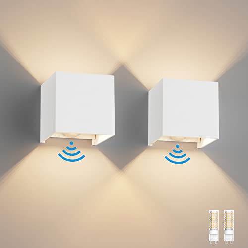 Klighten 2PCS Outdoor Wall Light with Motion Sensor, Waterproof IP54 Outside Wall Lamps with Sensor, Adjustable Beam Angle, Warm White 3000K, White