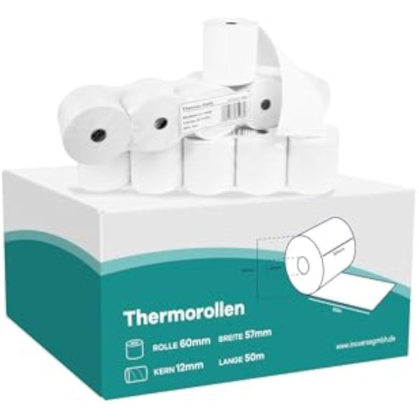 Inoverse EC-Cash Thermal Rolls 57 mm x 60 mm x 12 mm, Thermal Paper Till Rolls, 50 m, 50 Rolls, Receipt Rolls for POS System, EC Devices and ATM Machines, BPA-Free