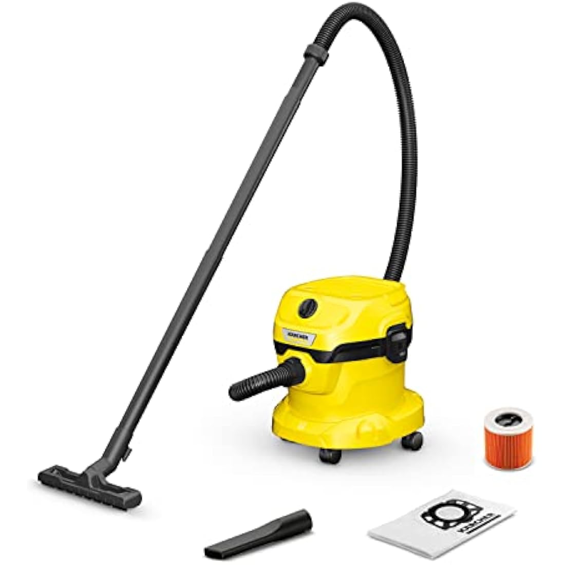 Kärcher Wet and Dry Vacuum Cleaner WD 2 Plus, blowing function, power: 1000w, incl. cartridge filter, floor and crevice nozzle, Yellow, plastic container: 12 l, suction hose: 1.8 m
