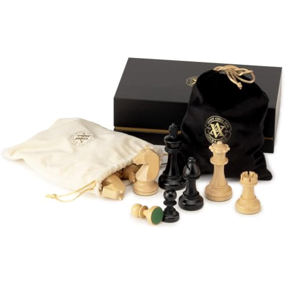 A&A Premium Triple Weighted Staunton Wooden Chess Pieces w/ 2 Extra Queen - King Height 3.75"/9.5cm / 2 Storage Bags