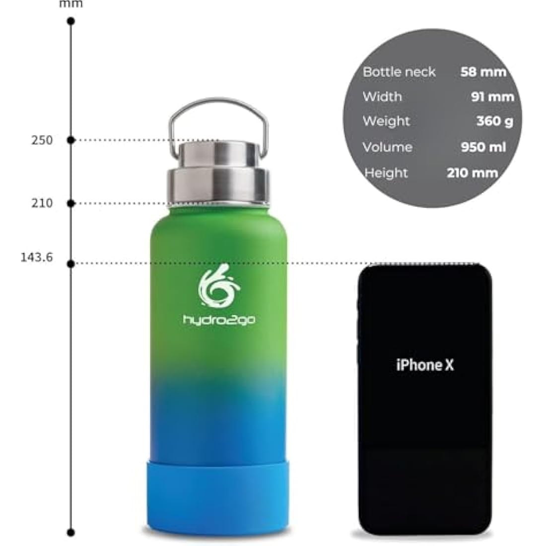 hydro2go Stainless Steel Water Bottle – BPA-Free Bottle for Kids, School, Sports & Outdoor – Keeps Drinks Hot for up to 12H and Cold for up to 24H – Includes 3 Drinking Caps – 950 ml (Earth)