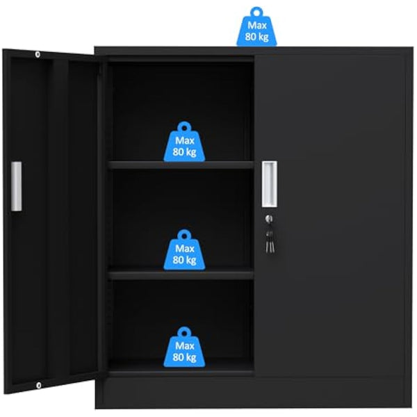 iJINGUR Metal Storage Cupboard with Locking Doors and 2 Adjustable Shelves, Small Lockable Storage Cabinet for Home Office Garage (Black)