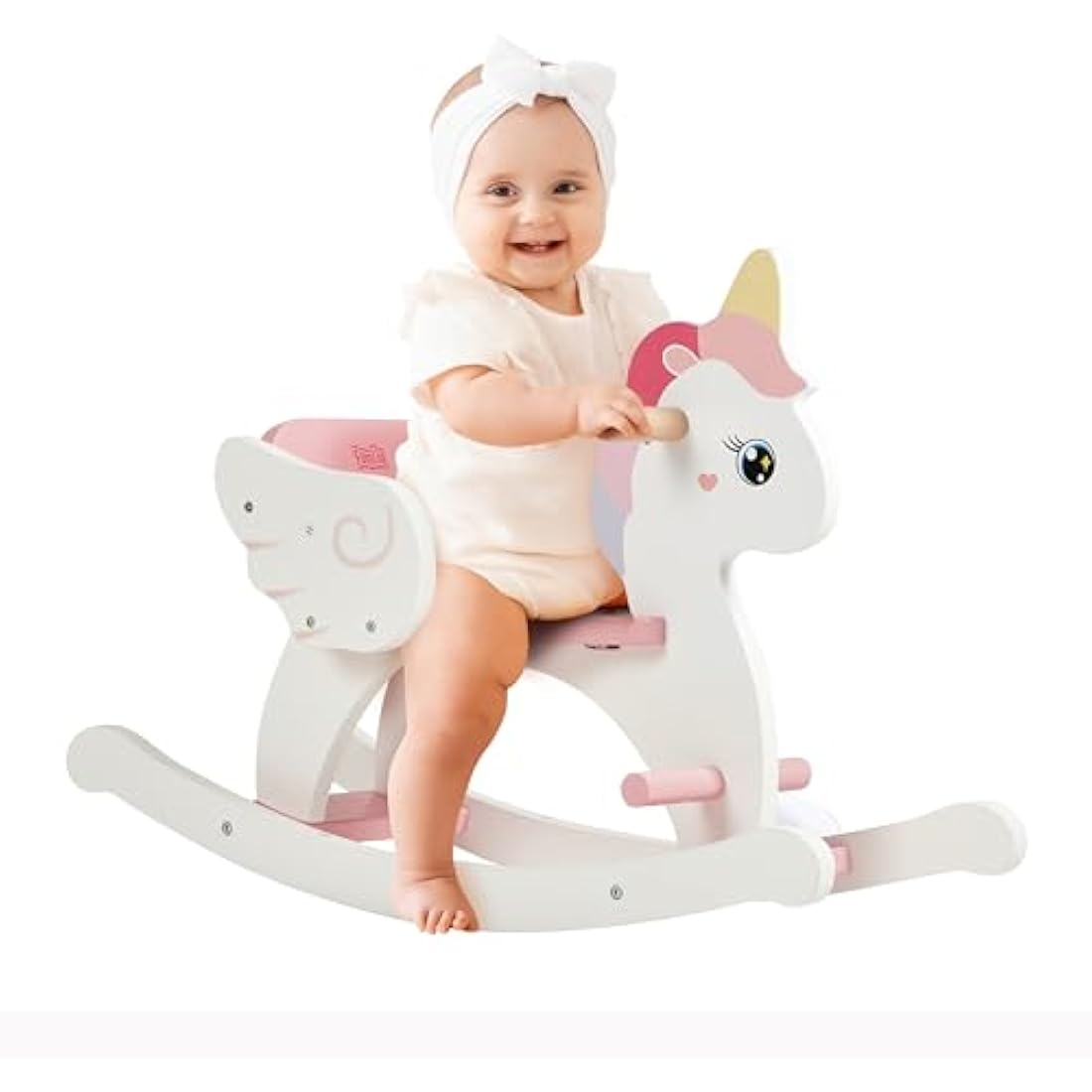 FUNLIO Wooden Unicorn Baby Rocking Horse Ages 0.5-3, Cute Baby Rocking Horse with Safety Belt & Backrest, Easy to Assemble Toddler Ride on Toys, CPC & CE Certified - Pink