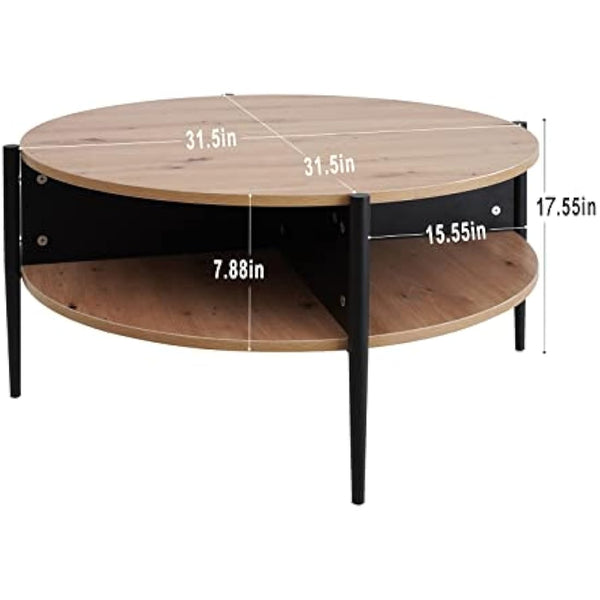 7RiversART Wood Round Coffee Table with 2-Tier Storage Partitioned Shelf Industrial Modern Design Sofa Table for Living Room