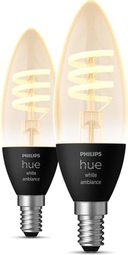 Philips Hue Filament Candle 2 Pack White Ambiance LED Smart Light Bulb [E14 Small Edison Screw] 4.9W for Indoor Home Lighting. Bedroom, Livingroom and Dining.